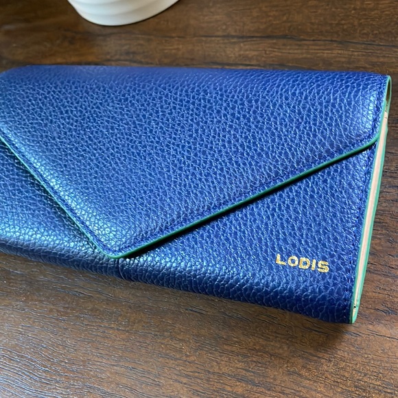 Lodis Bags Lodis Leather Navy Wallet Rfid Protection Green Accent
